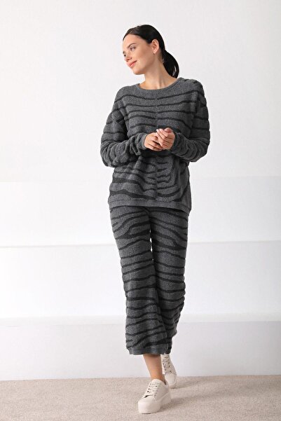 Ferraro Anthracite Zebra Patterned Women's Knitwear Trousers