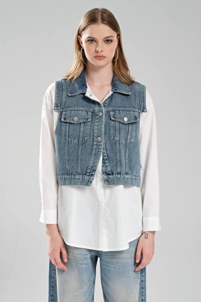 tw3 Women's Denim Vest Detailed Striped Fabric Design Shirt