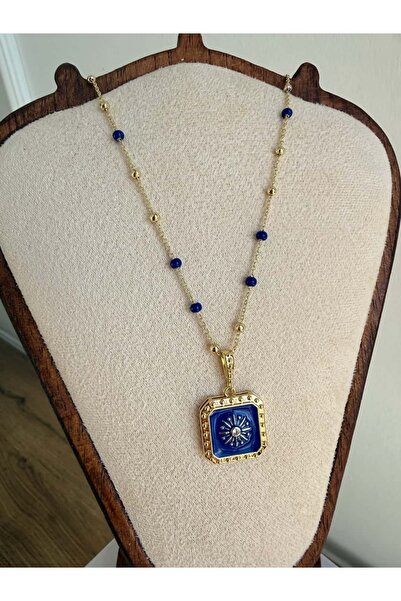 My Joyas Design 14K Altın Kaplama Zincirde Ara Ara Mavi Boncuk Kolye 40+5cm