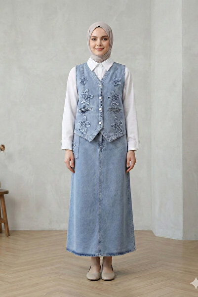 Kirazgym Women's Patterned Skirt and Elastic Waist Vest Skirt Denim Set - Ice...