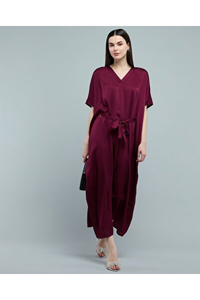 R&B Belted Midi Dress with V-Neck and Kaftan Sleeves
