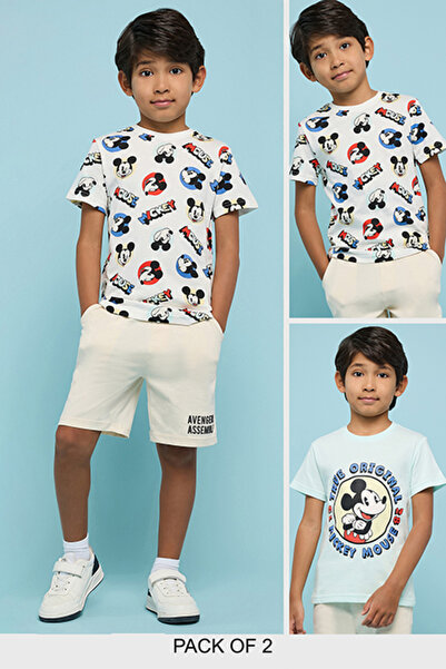 R&B Mickey Mouse Print T-Shirt with Crew Neck and Short Sleeves