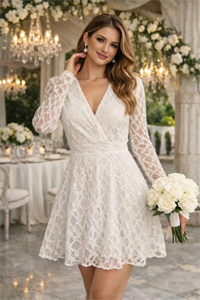 Neşeli Butik Women's White Double-Breasted Collar Lace Fabric Mini Dress