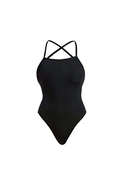 FUNKİTA Stp Still Black Women's Training Swimsuit – Crossed Stylish Straps De...