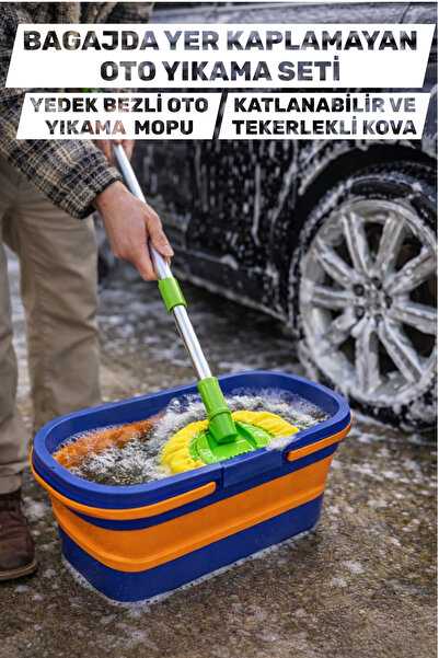 Manosta 1 mop de spălat auto cu pânză de rezervă - găleată pliabilă și cu roț...