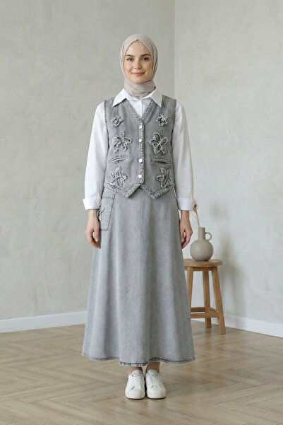 Kirazgym Women's Patterned Skirt and Elastic Waist Vest Skirt Denim Set - Gray