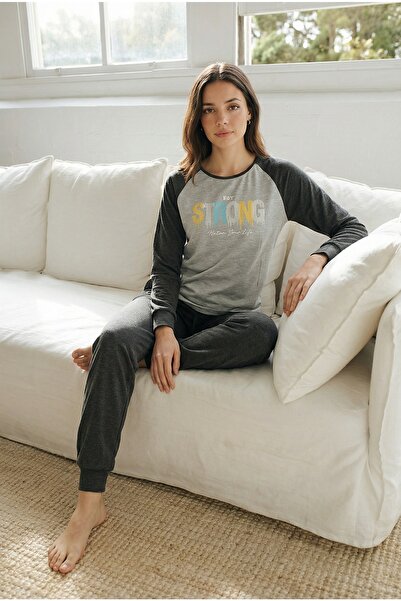 Espuar Women's Patterned Combed Cotton Jogger Bottom Long Sleeve Top Pajama S...