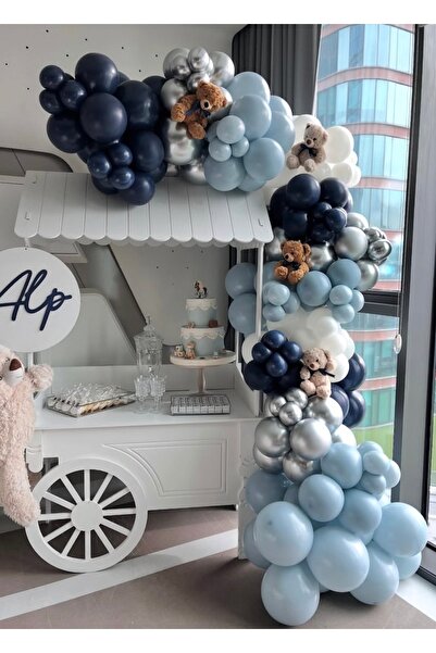 Çemrek Süs Parti مجموعة سلسلة بالونات نايت بلو ستورم باللون الأبيض والفضي وال...