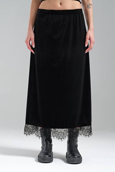 tw3 Fusta lungă de damă din catifea cu design detaliat din dantelă