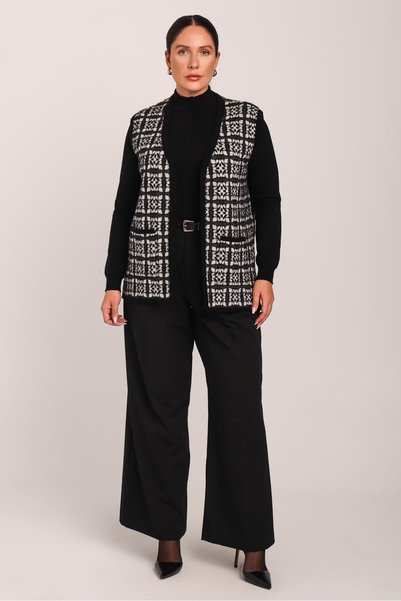 Uludağ Triko Women's Black Stone Beard Feather Plaid Pattern Pocketed Knitwear Vest