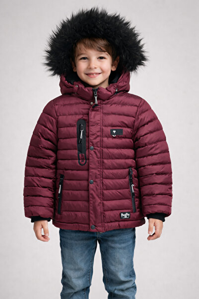 nacar çarşı Zimski kaput za dečake, bordo crvena Sa krznom Sa kapuljačom Punjen