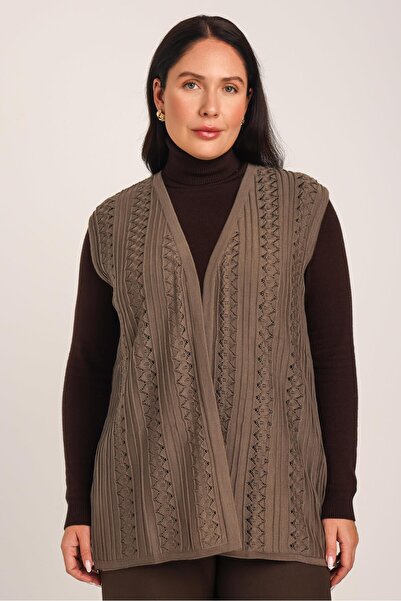 Uludağ Triko Γυναικείο καφέ δαντελένιο πλεκτό γιλέκο με μοτίβο κεντημένο μερσ...