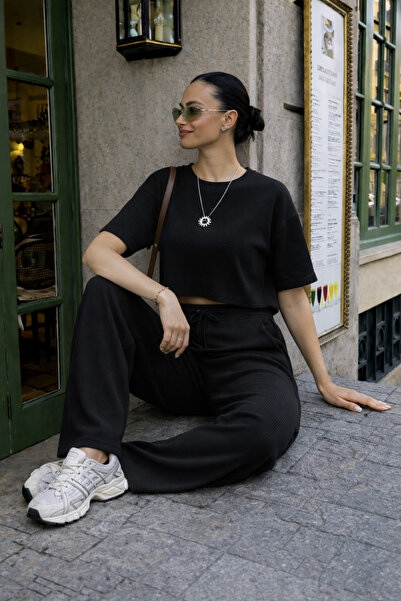 BayBayan Women's Short Sleeve Slim Trendy Model Ribbed Set