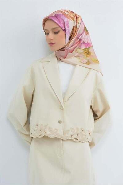 Armine Tivil Pure Silk Scarf 9503 - 01 Cream Pink Flower Pattern