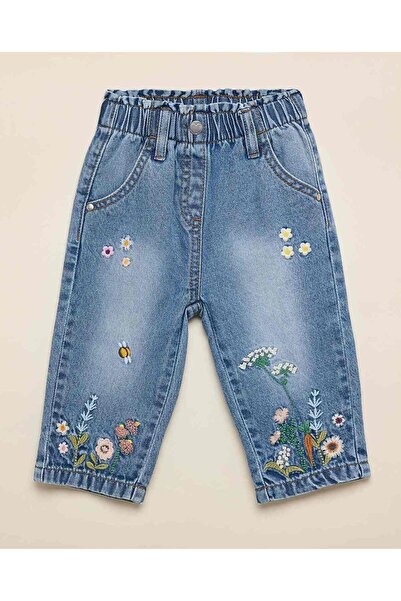 R&B بنطلون جينز مطرز بقصة مستقيمة وخصر مطاطي