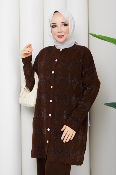 MİREL BUTİK Women's Buttoned Glittery Knitted Tunic Trouser Set