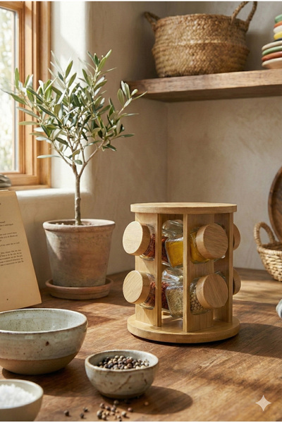 Emofom Bamboo Revolving Glass Spice Rack Set 8-Piece Spice Container Set