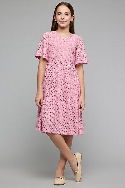 R&B Openwork Flared Dress with Crew Neck and Flared Sleeves