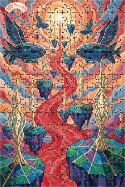 Teona Ahşap Surreal Air Ships and Floating Islands Oil Painting Look Wooden P...