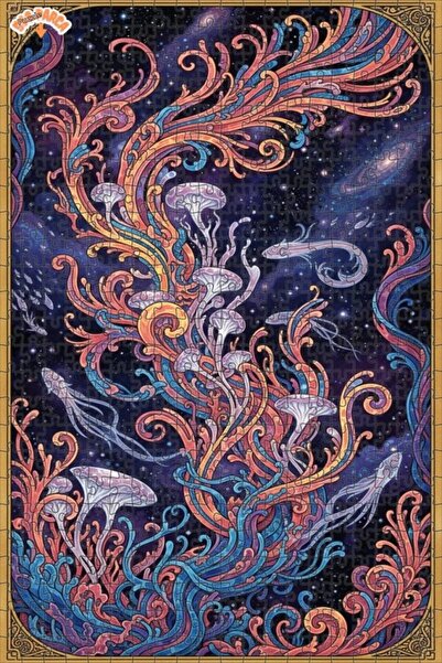 Teona Ahşap Psychedelic Cosmic Mushroom Fish Art Puzzle 500 Pieces 50X30
