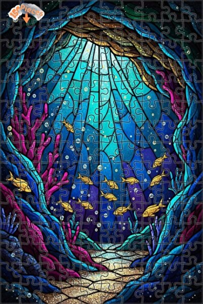 Teona Ahşap Magnificent Undersea Fish School Glass Embellished Double Layer F...