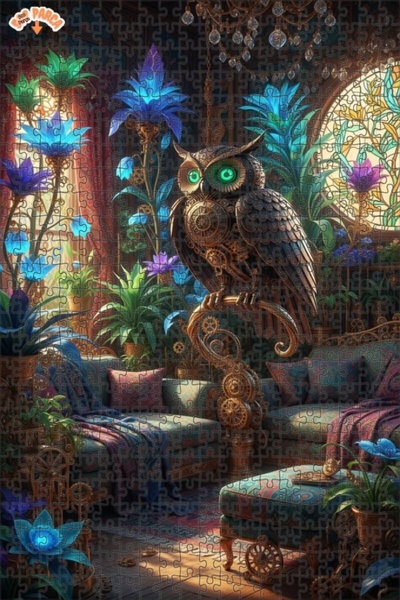 Teona Ahşap Mechanical Owl Steampunk Art Printed Double Layer Framed Wooden P...