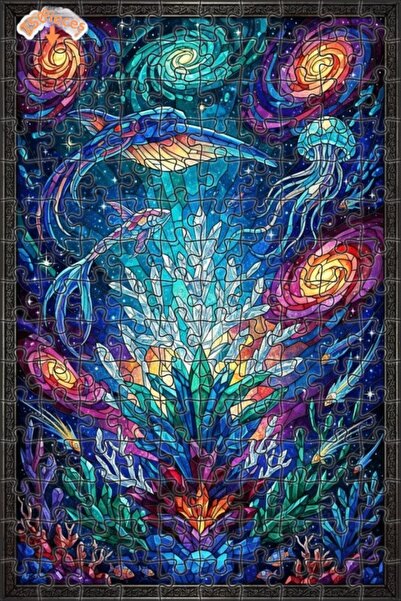 Teona Ahşap Galactic Crystal Sea Creatures Stained Glass Art Double Layer Fra...