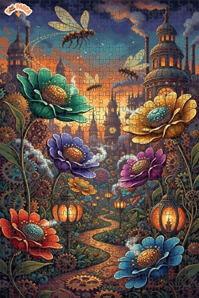 Teona Ahşap Steampunk Flower Garden Oil Painting Look Double Layer Framed Woo...