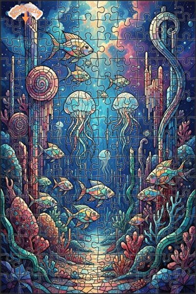 Teona Ahşap لغز خشبي ملون من الفسيفساء الزجاجية على شكل سمكة وقنديل البحر ذو ...