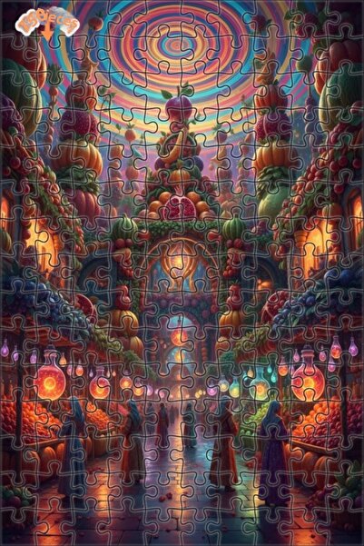 Teona Ahşap Fantastic Fruit Market Oil Painting Look Double Layer Framed Wood...