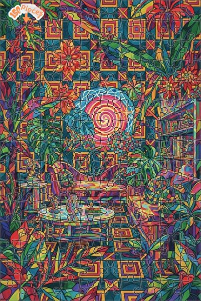 Teona Ahşap Colorful Tropical House Landscape Crayon-Like Double-Decker Frame...