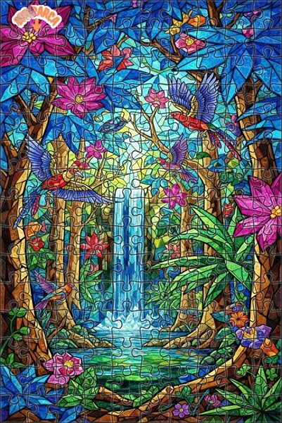 Teona Ahşap Tropical Paradise Birds and Waterfall Glass Mosaic Double-Layer F...