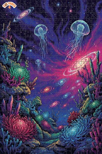 Teona Ahşap Fabulous Galactic Jellyfish Crystal Flowers Oil Painting Look Woo...