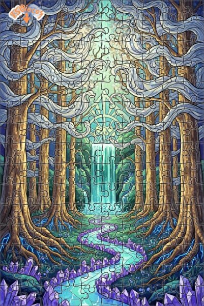 Teona Ahşap Crystal Forest Waterfall Oil Painting Look Double Layer Framed Wo...