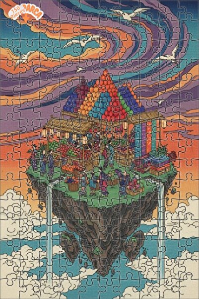 Teona Ahşap لغز خشبي بإطار ذو طابقين بمظهر لوحة زيتية لسوق الجزيرة الطائرة 15...