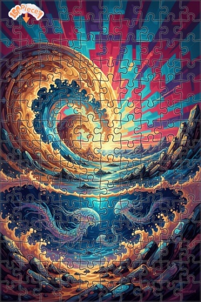 Teona Ahşap Giant Wave and Colorful Jellyfish Art Puzzle Double Layer Framed ...