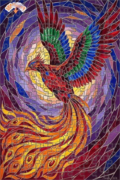 Teona Ahşap Flaming Emerald Phoenix Oil Painting Look Double Layer Framed Woo...