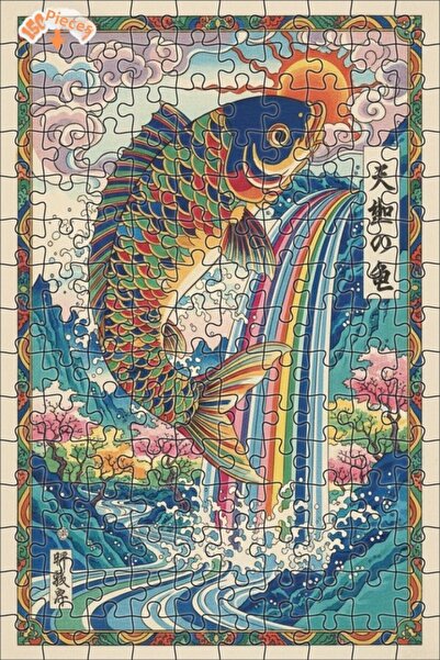 Teona Ahşap Colorful Koi Fish Splashing from the Rainbow Waterfall Double Lay...