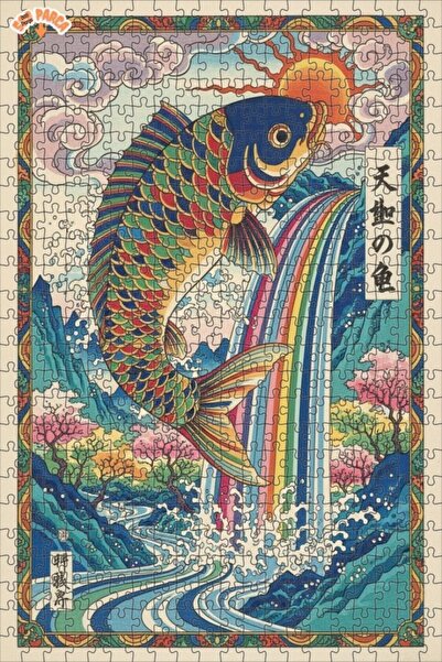Teona Ahşap Colorful Koi Fish Splashing from the Rainbow Waterfall Double Lay...