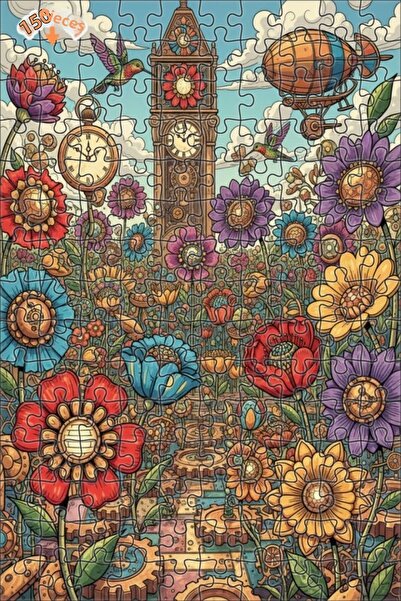 Teona Ahşap Steam Clock Flowers and Air Ships Double Layered Framed Wooden Pu...