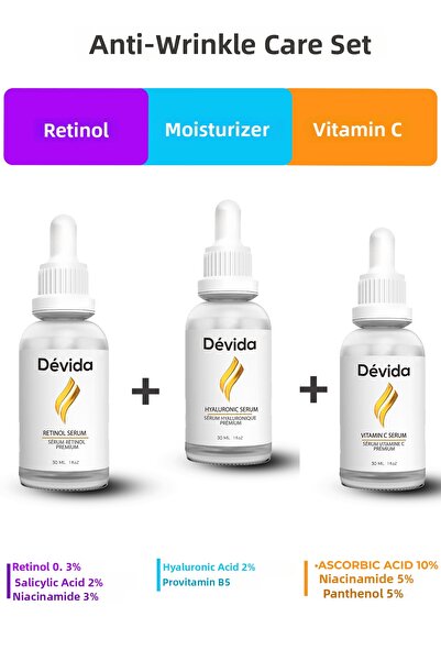 Devida مجموعة سيروم الريتينول + المرطب + فيتامين سي مكونة من 3 قطع لخطوط الوج...