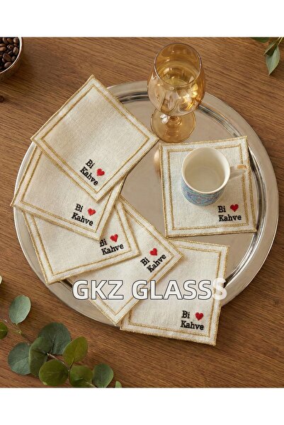 gkzglass home dekor 6 Pieces of Linen Fabric with Embroidered Coffee Side Coc...