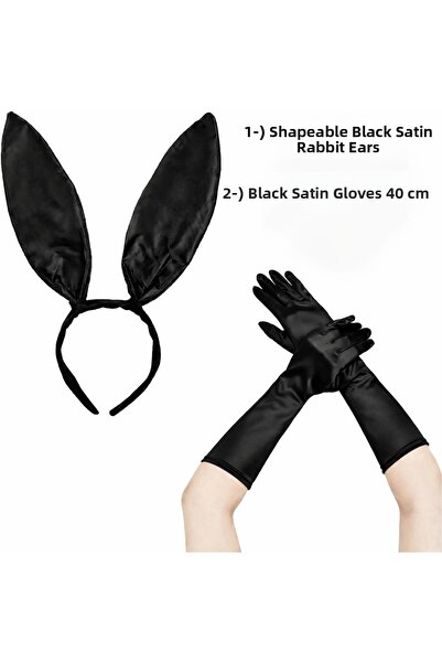 magicool Black Shiny Rabbit Ears and 40 cm Shiny Black Gloves Costume Set