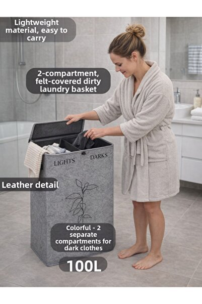 PONÇİK BEBEK Felt Leather 2-Compartment Laundry Dirty Basket Multi-Purpose Fo...