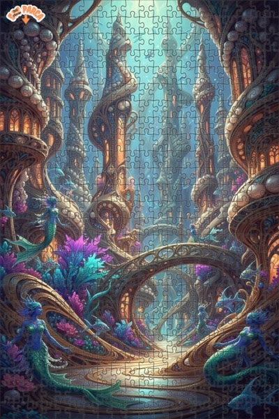 Teona Ahşap Mermaid City Oil Painting Look Double Layer Framed Wooden Puzzle ...