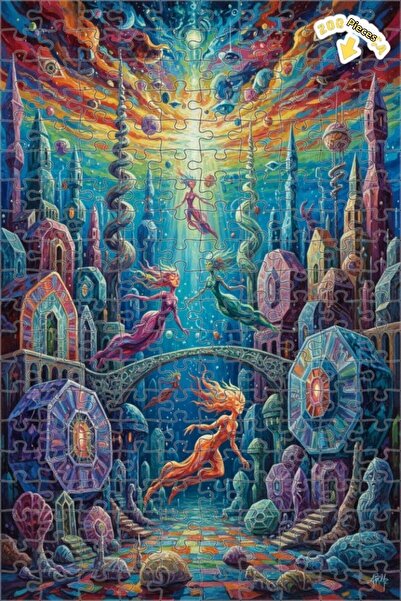 Teona Ahşap لغز خشبي مؤطر بطبقتين بمظهر لوحة زيتية لـ مدينة حورية البحر الغام...