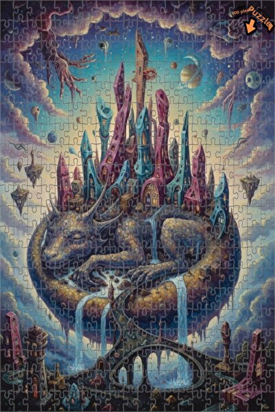 Teona Ahşap لغز خشبي مؤطر ذو طبقتين بتصميم مدينة التنين الخيالية، مرسوم بالزي...