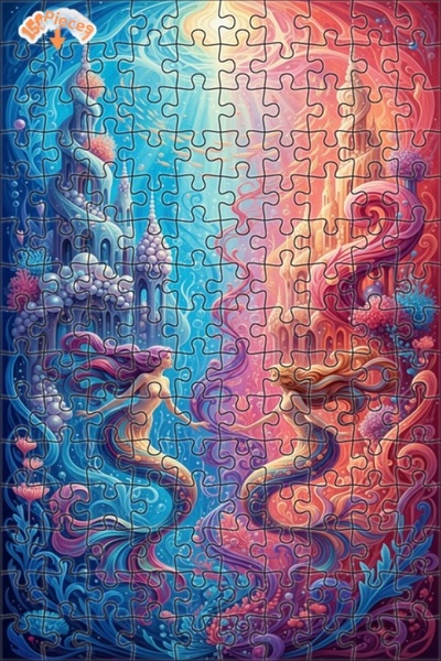 Teona Ahşap Two Mermaids Tale Oil Painting Look Double Layer Framed Wooden Pu...