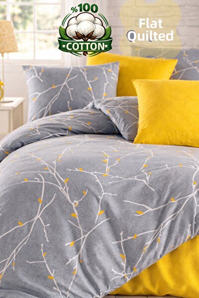 Cottonest Branch Patterned Gray-Yellow Duvet Cover Set Double Size