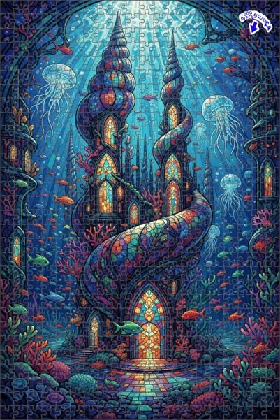 Teona Ahşap قلعة سحرية تحت البحر بتصميم فني من الزجاج الملون، لغز خشبي مؤطر ذ...